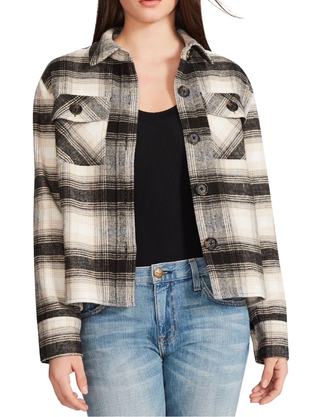 🆕BB Dakota by Steve Madden Black & Cream Plaid Shacket Jacket